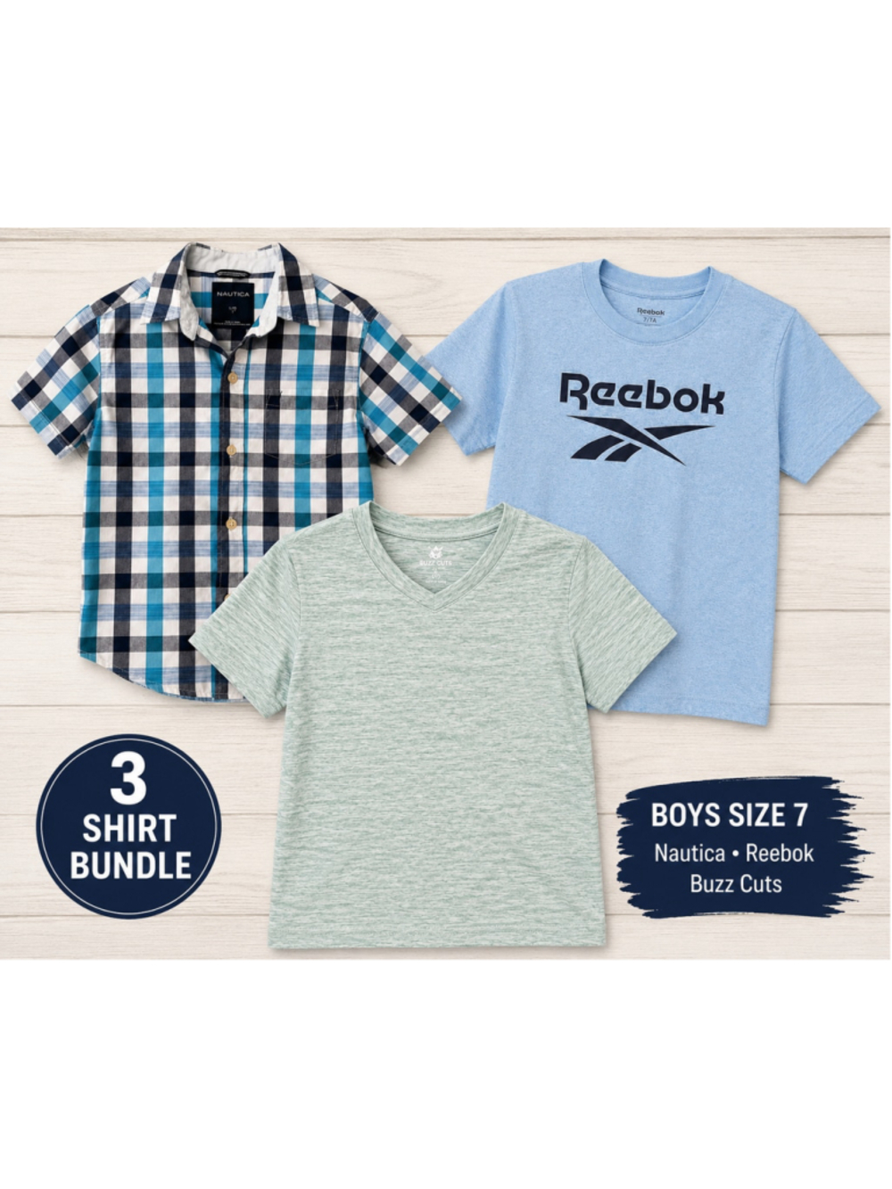 Boys Size 7 Shirt Bundle | Reebok, Nautica & Buzz Cuts | 3 Tops EUC